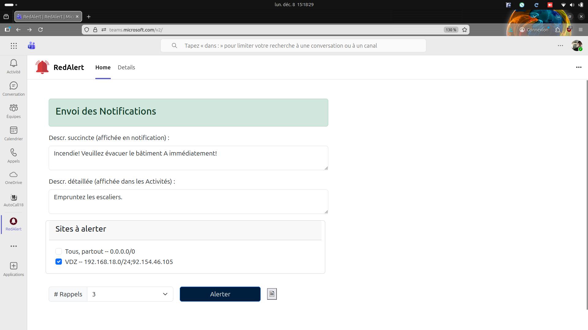 Confirmation visuelle d’envoi d’une alerte. Un rapport complet sera envoyé automatiquement ensuite par email, que l’envoi ait réussi ou non.